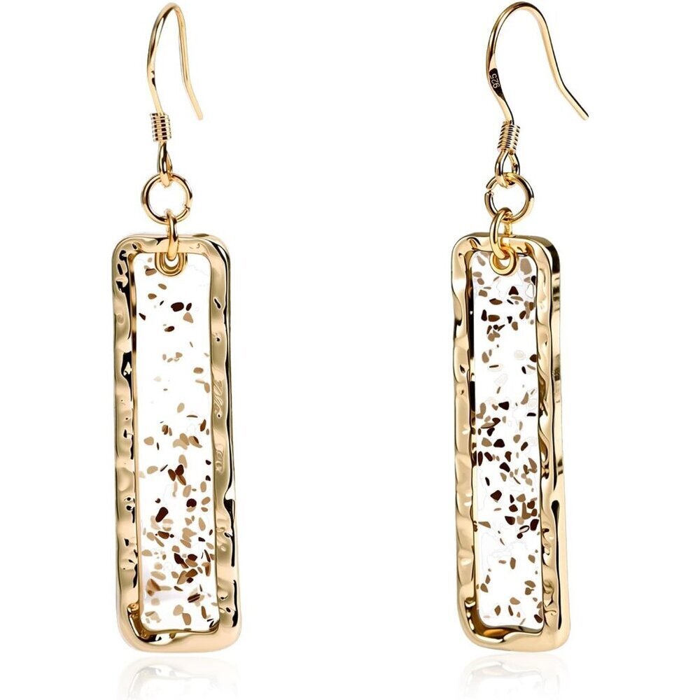 Gold Rectangle Dangle Earrings Handmade Resin with Abalone Shell Piece